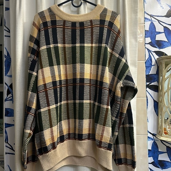 Men’s Y2K 90s Nautica Plaid Cotton Knit Crewneck Sweater Size XL - Picture 1 of 7